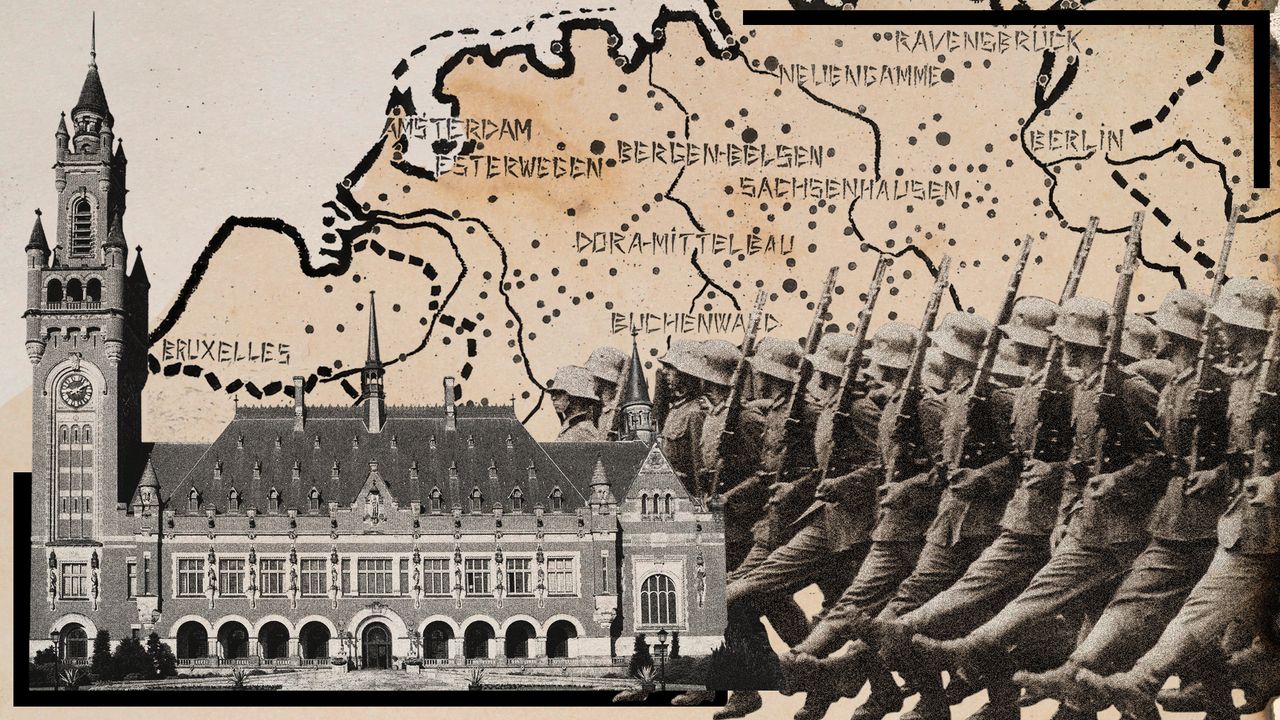 Photo collage of Exterior of The Hague&#039;s Peace Palace, marching Nazi soldiers, and a map showing Nazi death camps and concentration camps across Europe.