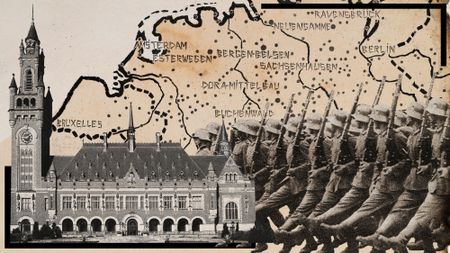 Photo collage of Exterior of The Hague's Peace Palace, marching Nazi soldiers, and a map showing Nazi death camps and concentration camps across Europe.