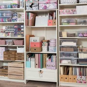 Craft Room Makeover With Pink Walls And Brick Wallpaper 