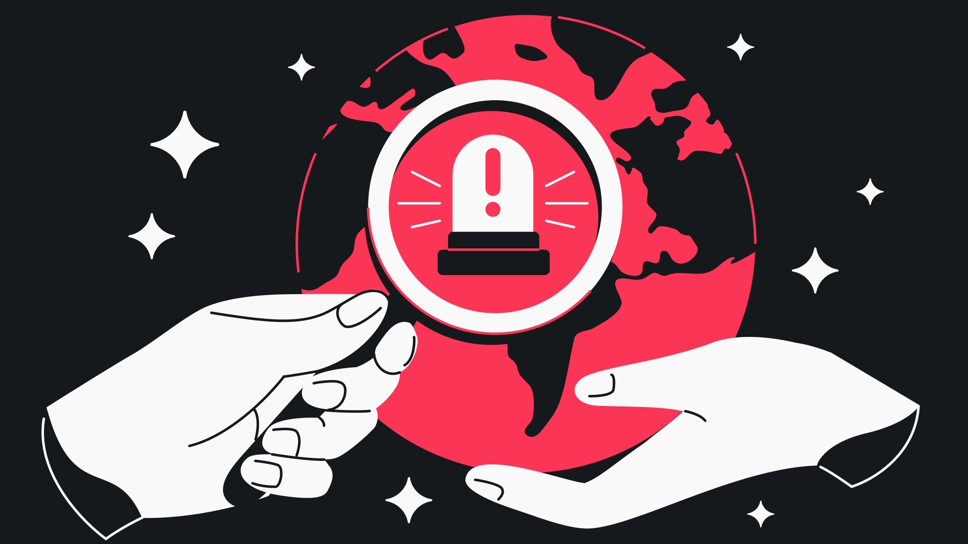 Digital illustration of a hand holding a magnifying glass up to planet Earth with a warning alert being highlighted in the foreground.