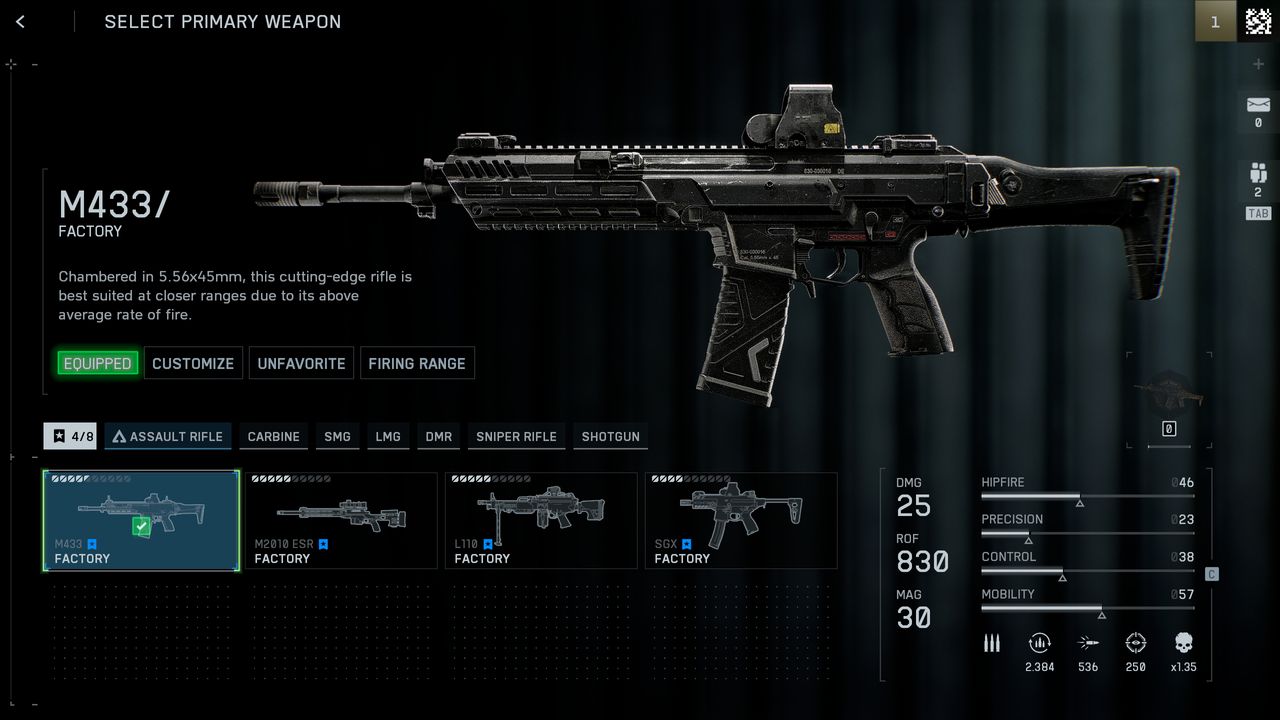 Battlefield 6 ui redesigns: The M433 in the weapon selection menu, alongside other guns.