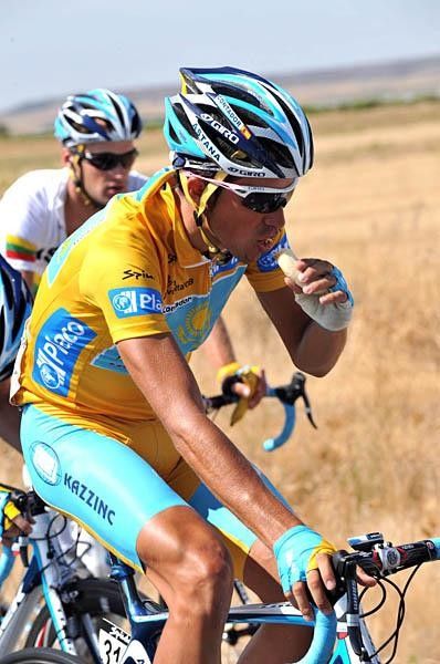 Alberto Contador (Astana) stays fueled up for the 148km stage.