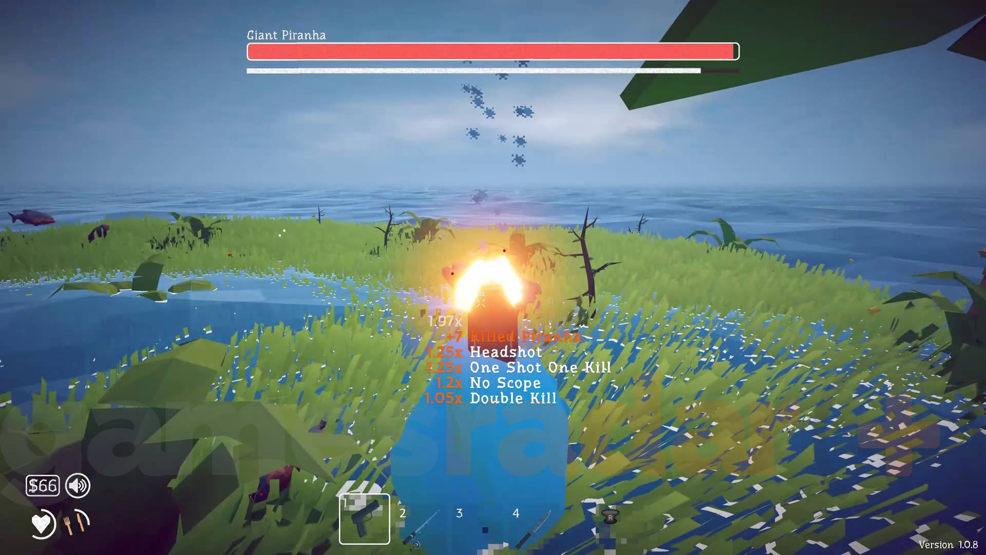 How to Fish walkthrough player shooting piranha boss with pistol