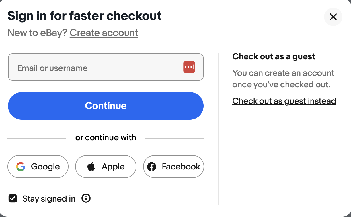 A screenshot of the login popup on eBay Australia