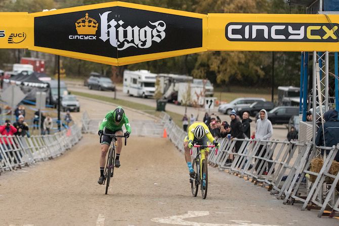 So close: Kerry Werner manages to edge out Gage Hecht in the finishing sprint at the CincyCX C2 race