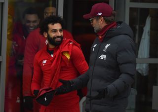 Mohamed Salah and Jurgen Klopp during a Liverpool training session in November 2019.