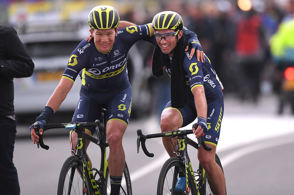 Michael Albasini and Jens Keukeleire celebrate Albasini's third place at Amstel Gold