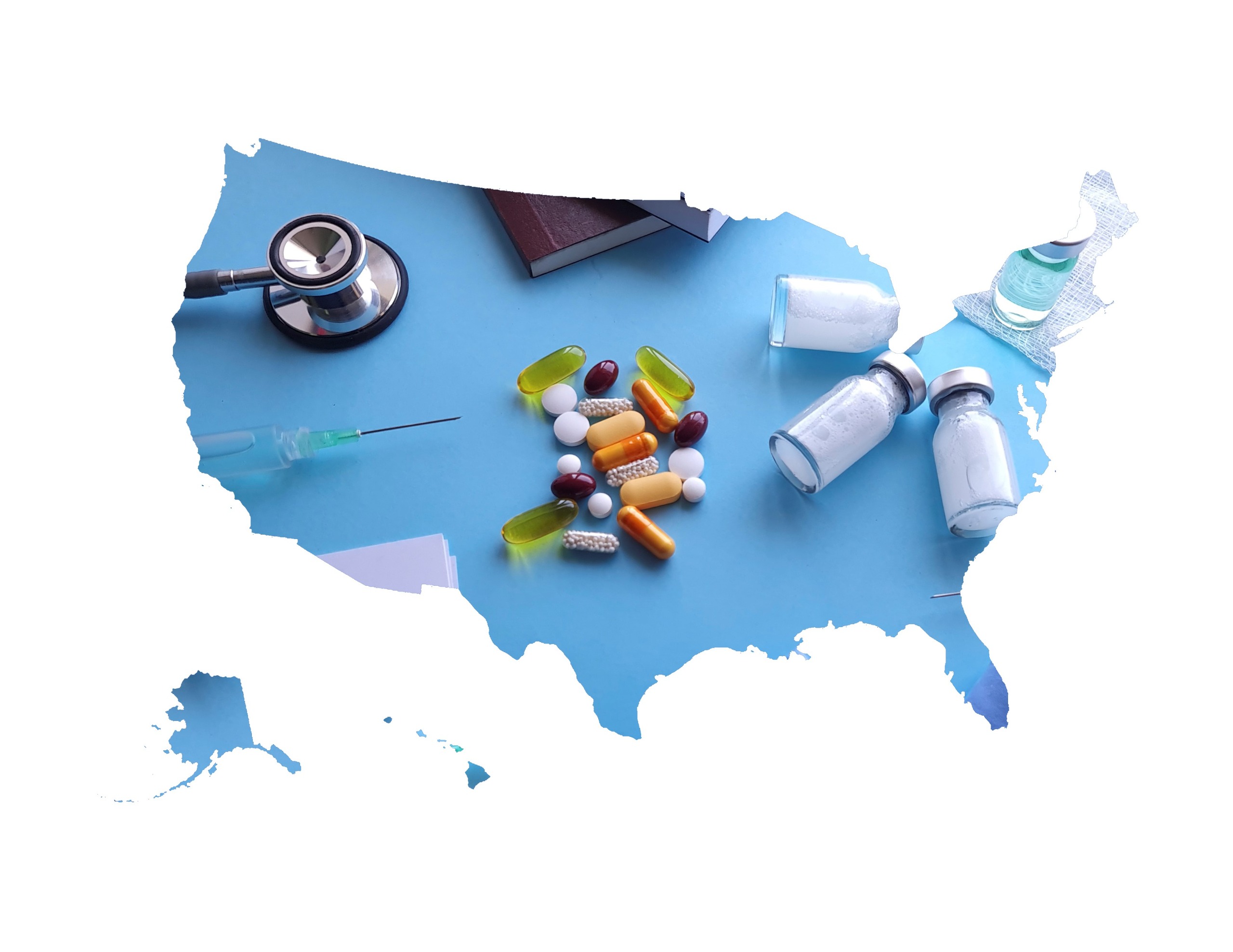 map of United States of America formed with a picture of health care objects and white background