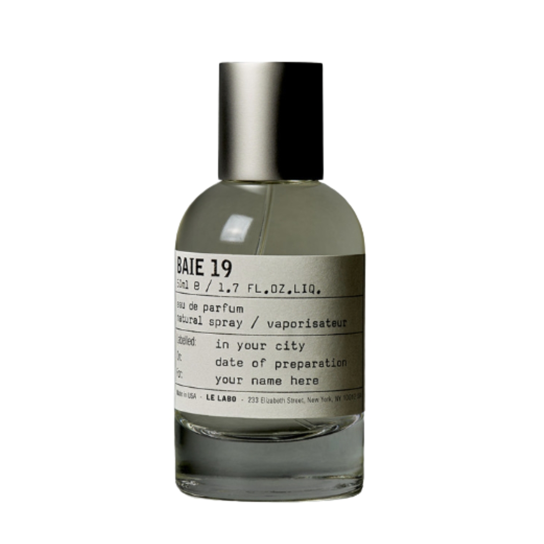A product shot of the Le Labo BAIE 19 perfume, on a white background