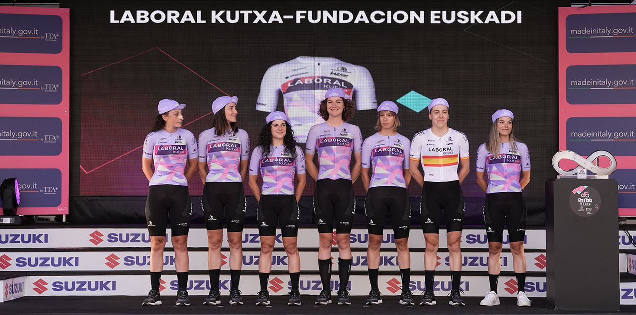 Laboral Kutxa-Fundacion Euskadi on stage at the 2024 Giro d'Italia Women at the teams presentation at the Piazza della Loggia in Brescia