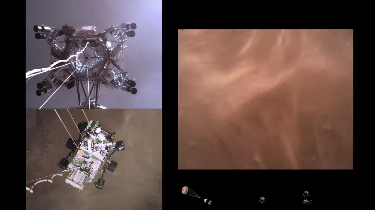 NASA's Perseverance rover captured this view from its entry, descent and landing camera system as it descended to the surface of Mars on Feb. 18, 2021.