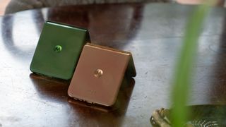 The folded backs of the Motorola Razr Plus 2024 in Green and Motorola Razr Plus 2025 in Mocha