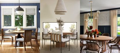 Small dining room mistakes. Blue dining room with dining table, chairs, bench seating. Neutral, relaxed dining room. Dining room with oval wooden dining table and chairs.