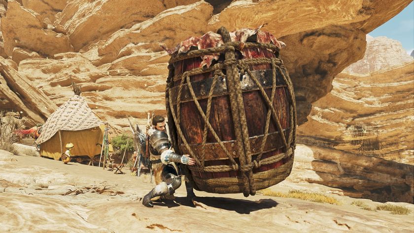 A hunter hefts a massive Mega Barrel Bomb in Monster Hunter Wilds.