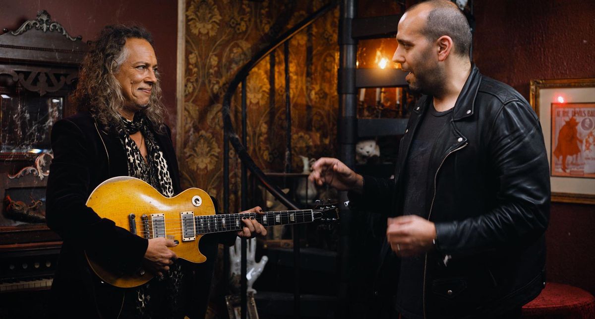 Kirk Hammett shows Gibson&#039;s Mark Agnesi some choice Les Pauls from his epic guitar collection, including Greeny, a triple-humbucker Les Paul Custom, a &#039;52 Gold Top with a trapeze tailpiece, and a stunning 1958 Les Paul Standard finished in red. 