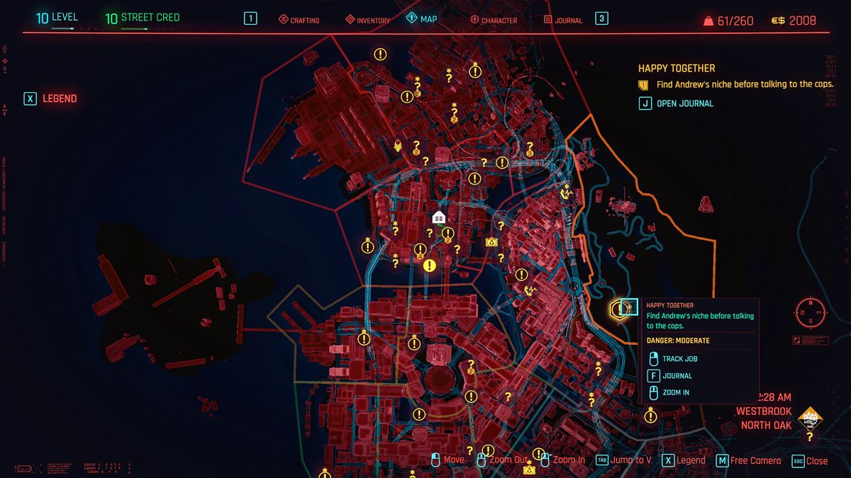 The Cyberpunk 2077 in-game map, showing the quest objective location for where to find Andrew in the Happy Together sidequest.