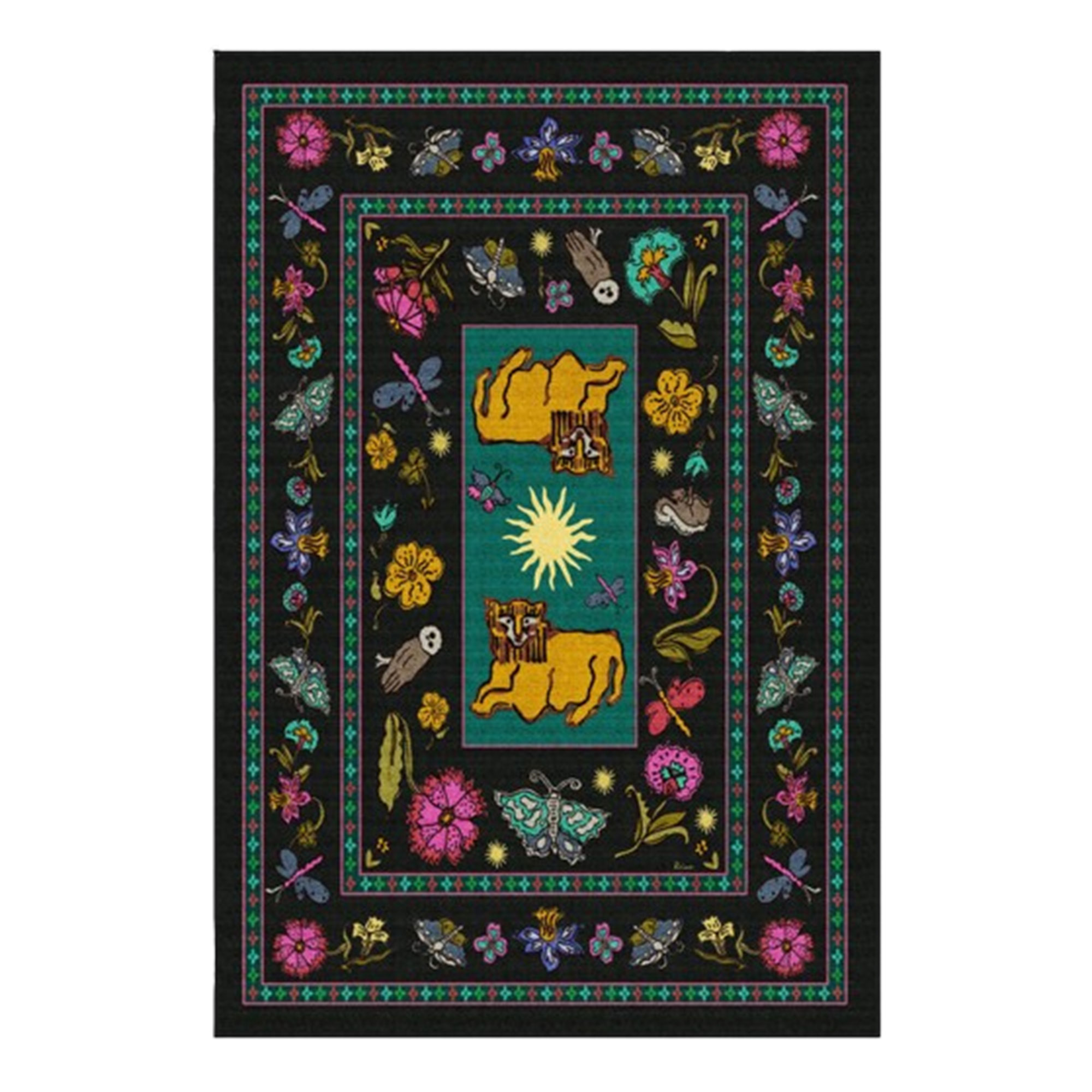 Black tapestry style rug with lion cubs and butterfly motifs