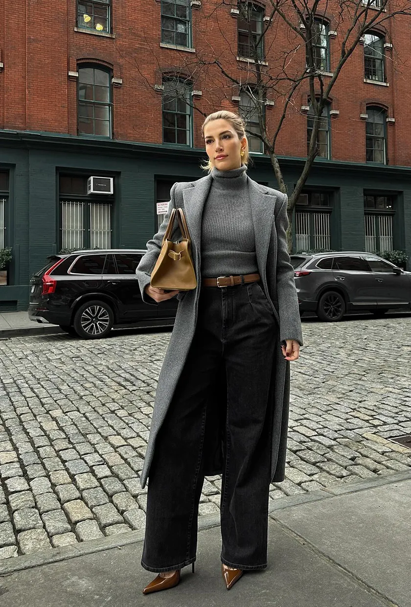 Woman in gray wool coat with turtleneck and jeans