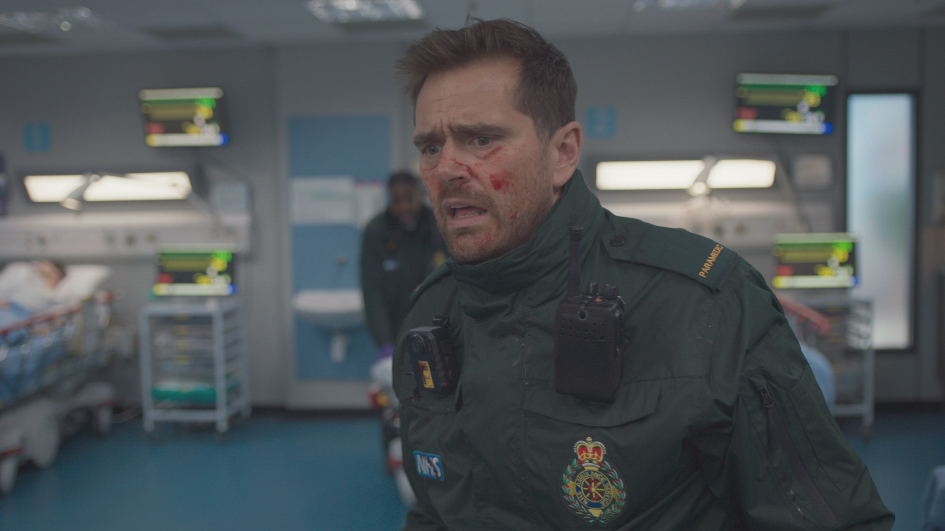 Iain Dean, bloodied and shaken, is pushed to the brink in Casualty episode Take the Strain.