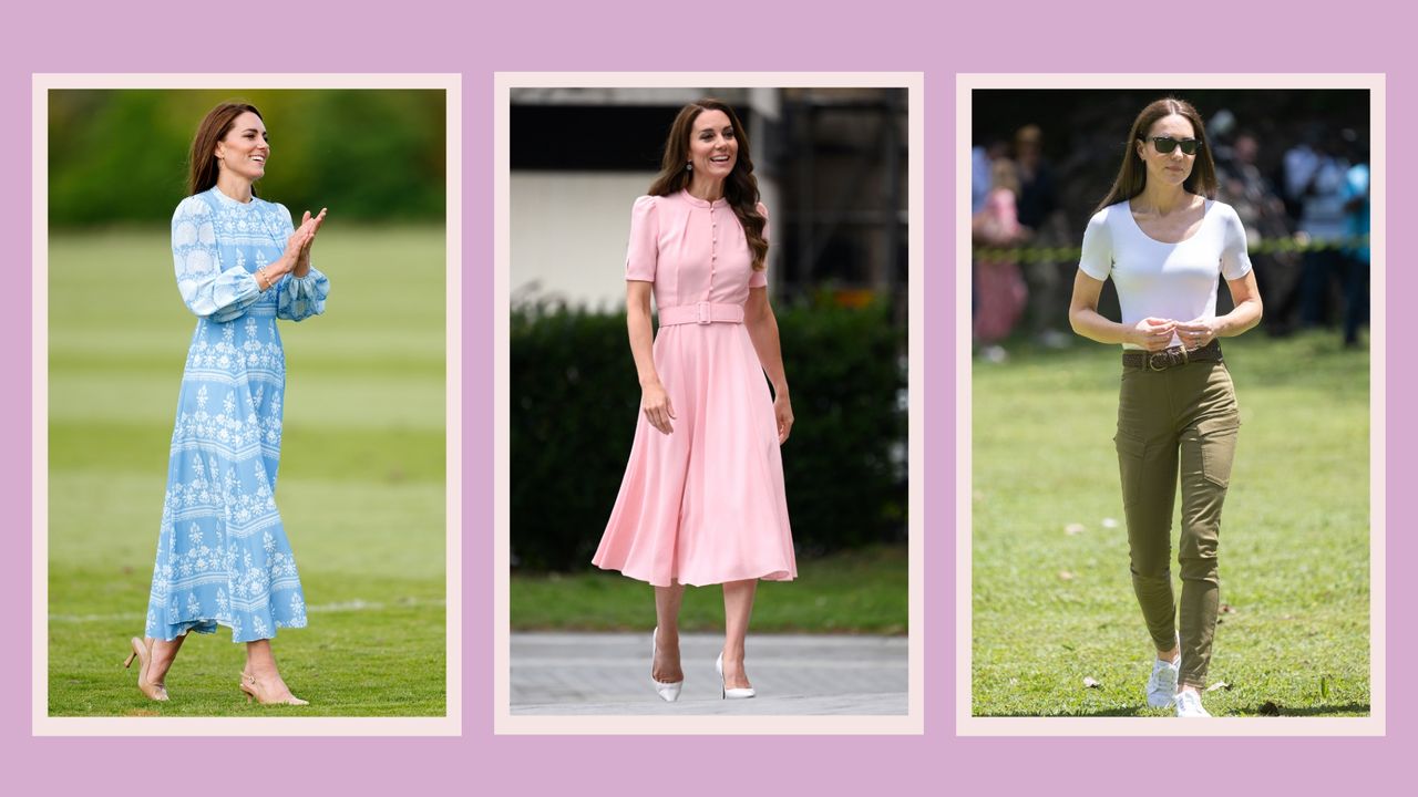 Kate Middleton&#039;s best shoes: Kate pictured wearing nude flats, white heels and white Superga trainers in a purple 3-picture template