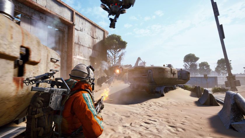 Arc Raiders Arc Synthetic Resin: A player strafing while shooting at a Bastion next to a rusty warehouse in a desert environment.