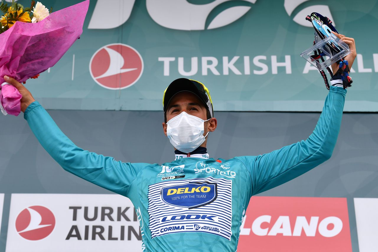 TURGUTREIS TURKEY APRIL 17 Jos Manuel Daz Gallego of Spain and Team DELKO Turquoise Leader Jersey celebrates at Podium during the 56th Presidential Cycling Tour Of Turkey 2021 Stage 7 a 180km stage from Marmaris to Turgutreis TUR2021 tourofturkeyTUR on April 17 2021 in Turgutreis Turkey Photo by Stuart FranklinGetty Images