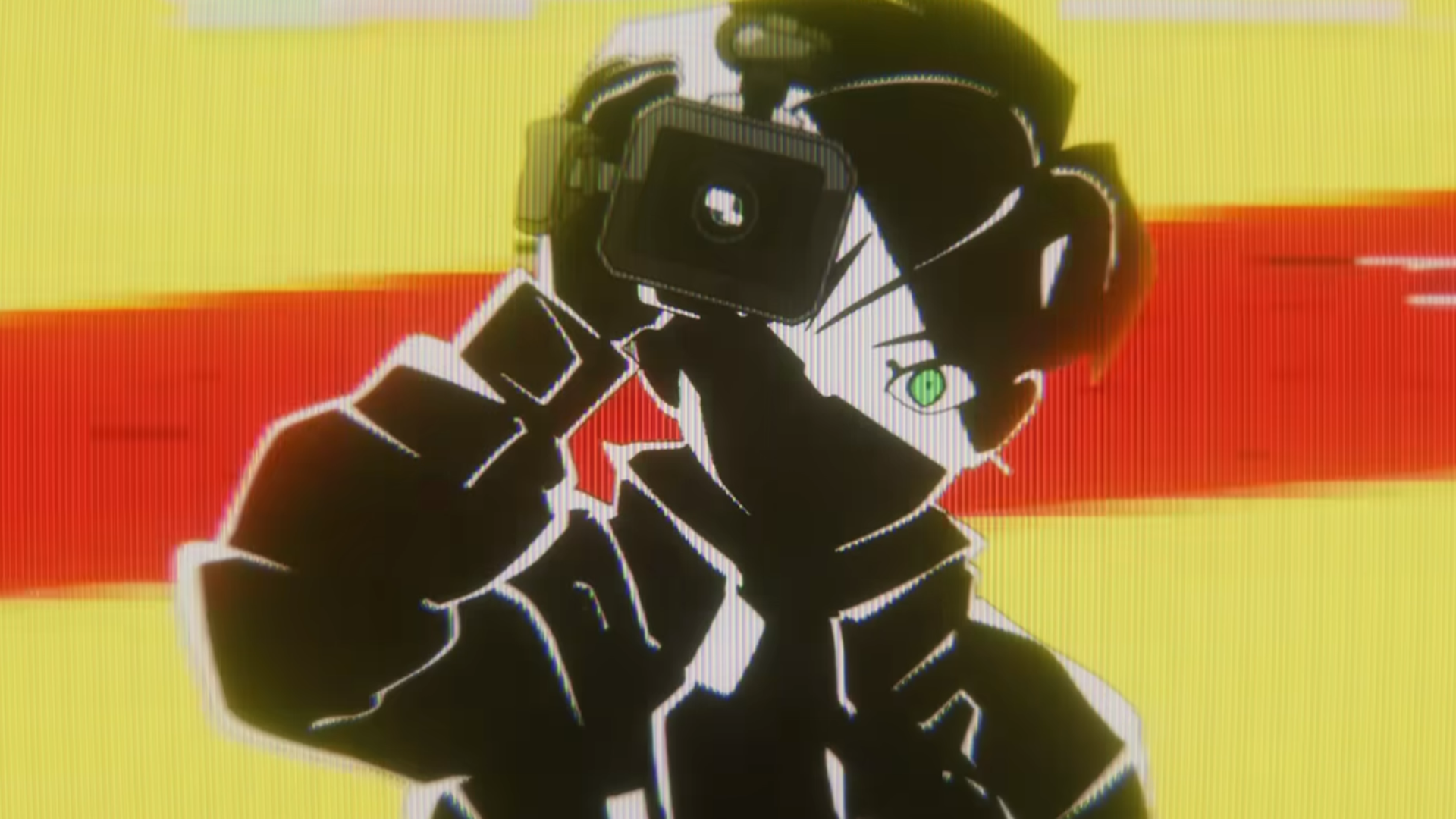 Character holding up a camcorder 