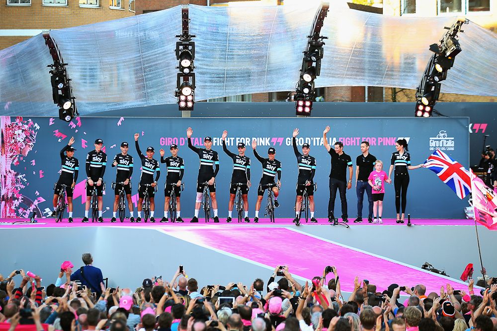 Team Sky on the main stage in Apeldoorn at the Giro d'Italia teams presentation.