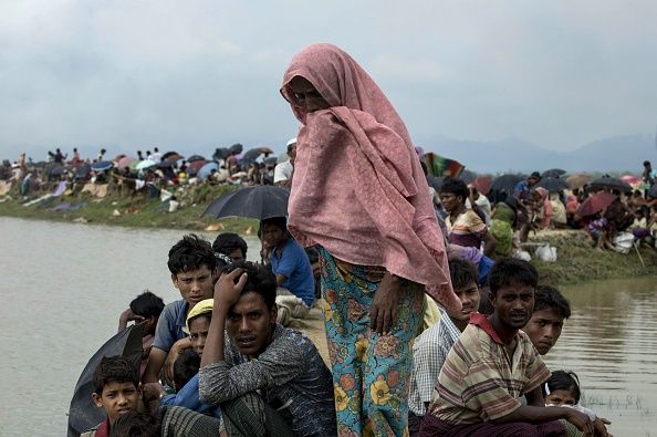 Rohingya refugees gather on the border of Myanmar and Bangladesh.