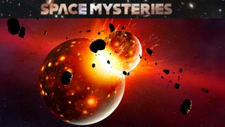 two large orbs collide, creating an explosion of fire and large rocky objects
