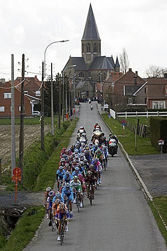 The lead peloton hammers along, led by Rabobank