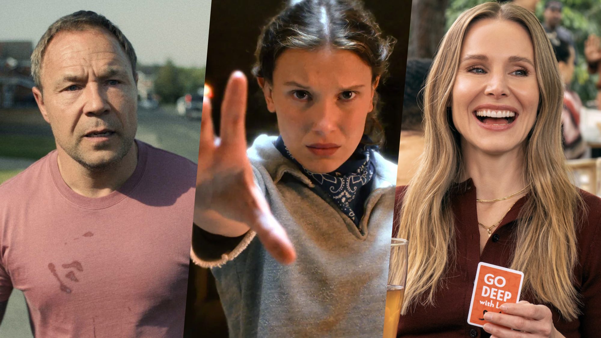 Stephen Graham in Adolescence, Millie Bobby Brown in Stranger Things and Kristen Bell in Nobody Wants This on Netflix 