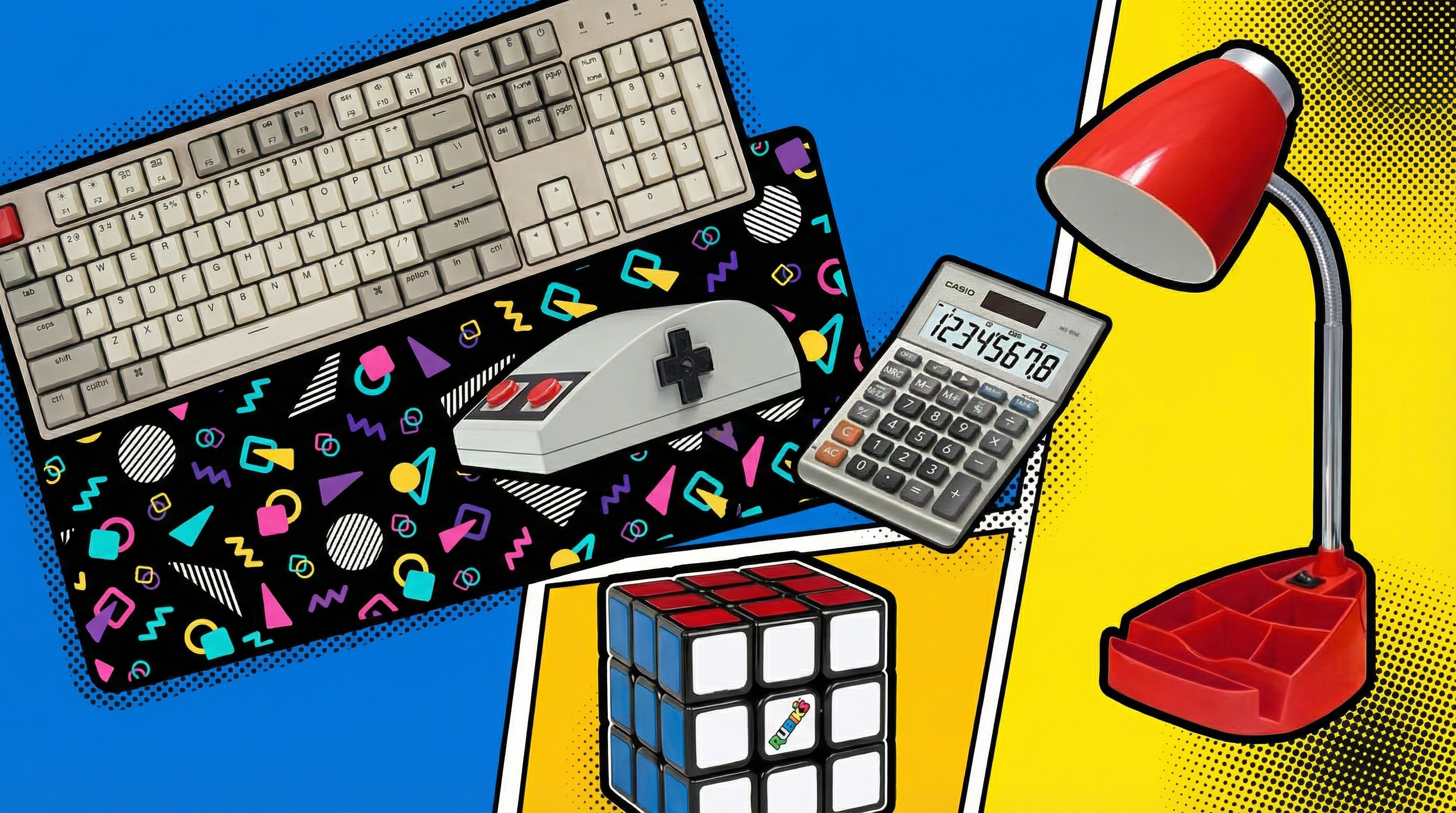 80s home office gear on a bold block color background