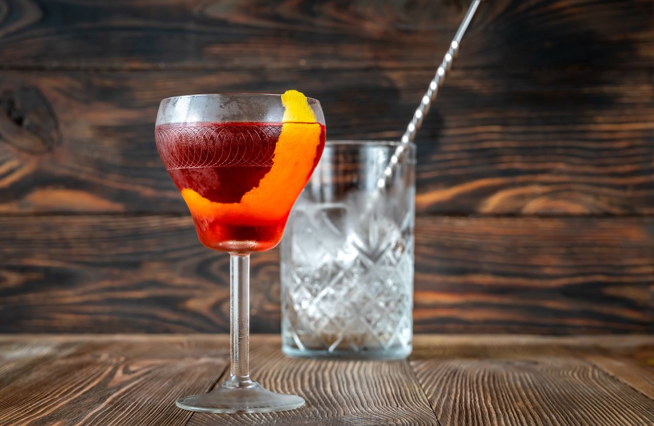 A pair of cocktails on a table