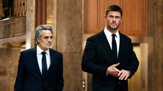Mark Ruffalo and Chris Hemsworth in "Crime 101" now streaming on Prime Video