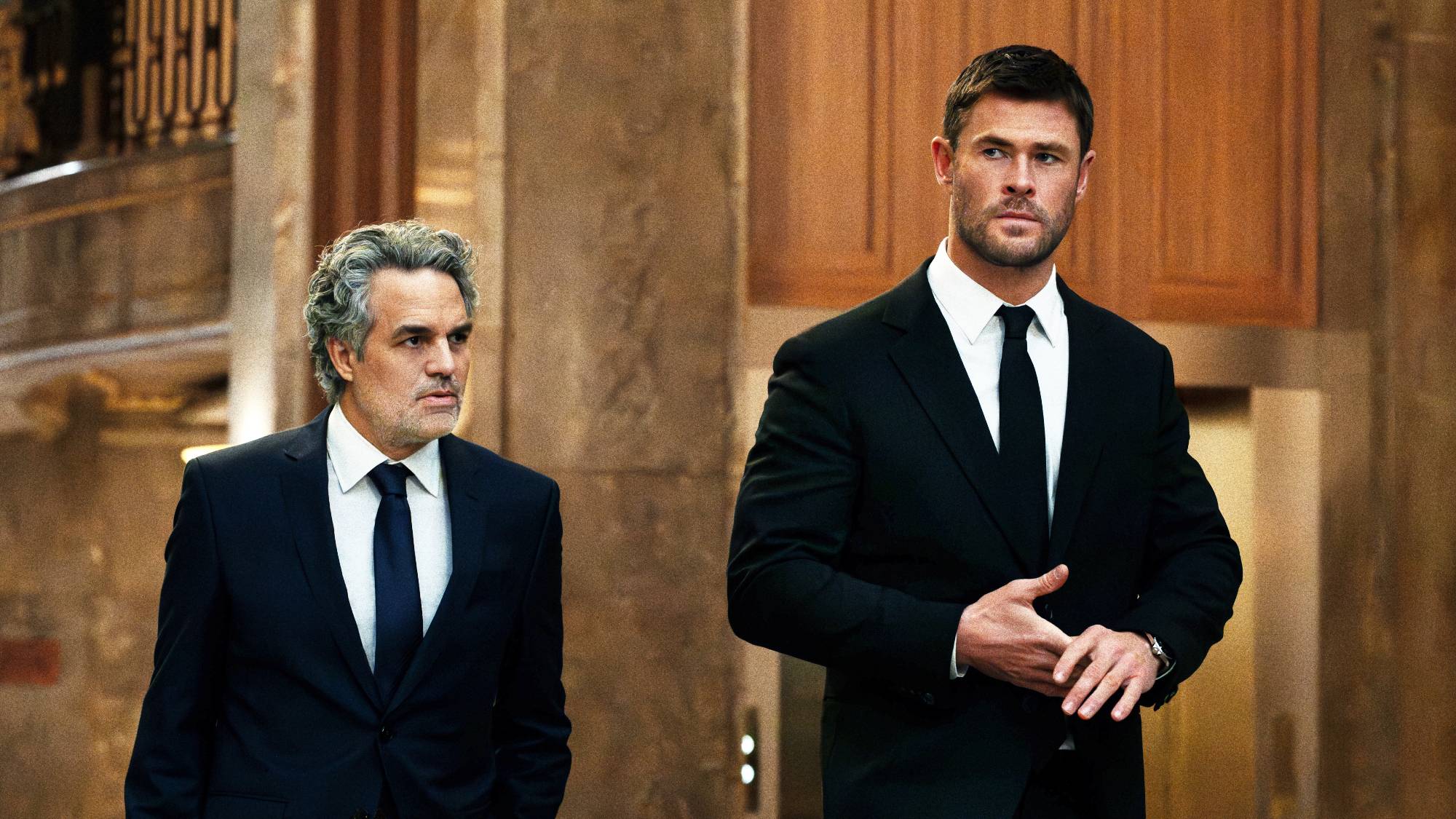 Mark Ruffalo and Chris Hemsworth in "Crime 101" now streaming on Prime Video