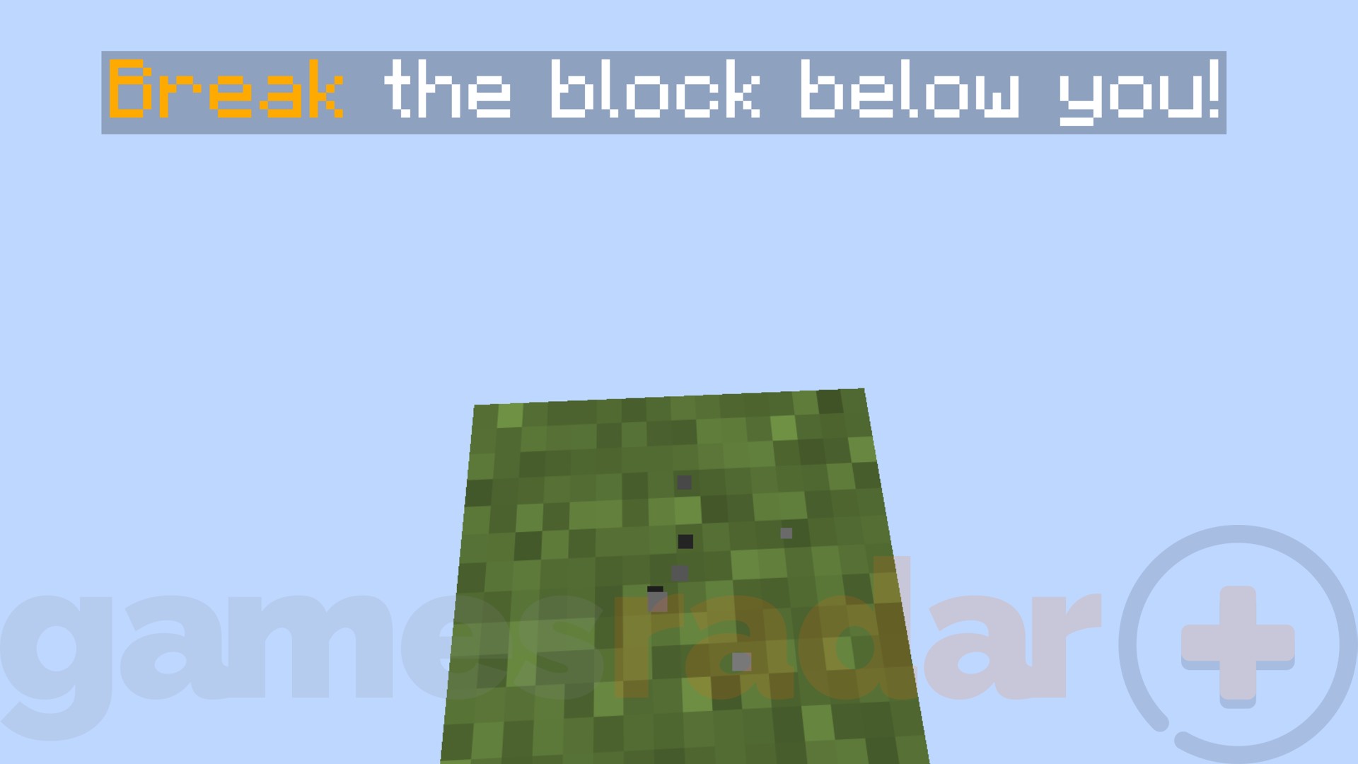 Text reads "Break the block below you" as a player stands on a single, floating block in the Minecraft OneBlock mod.