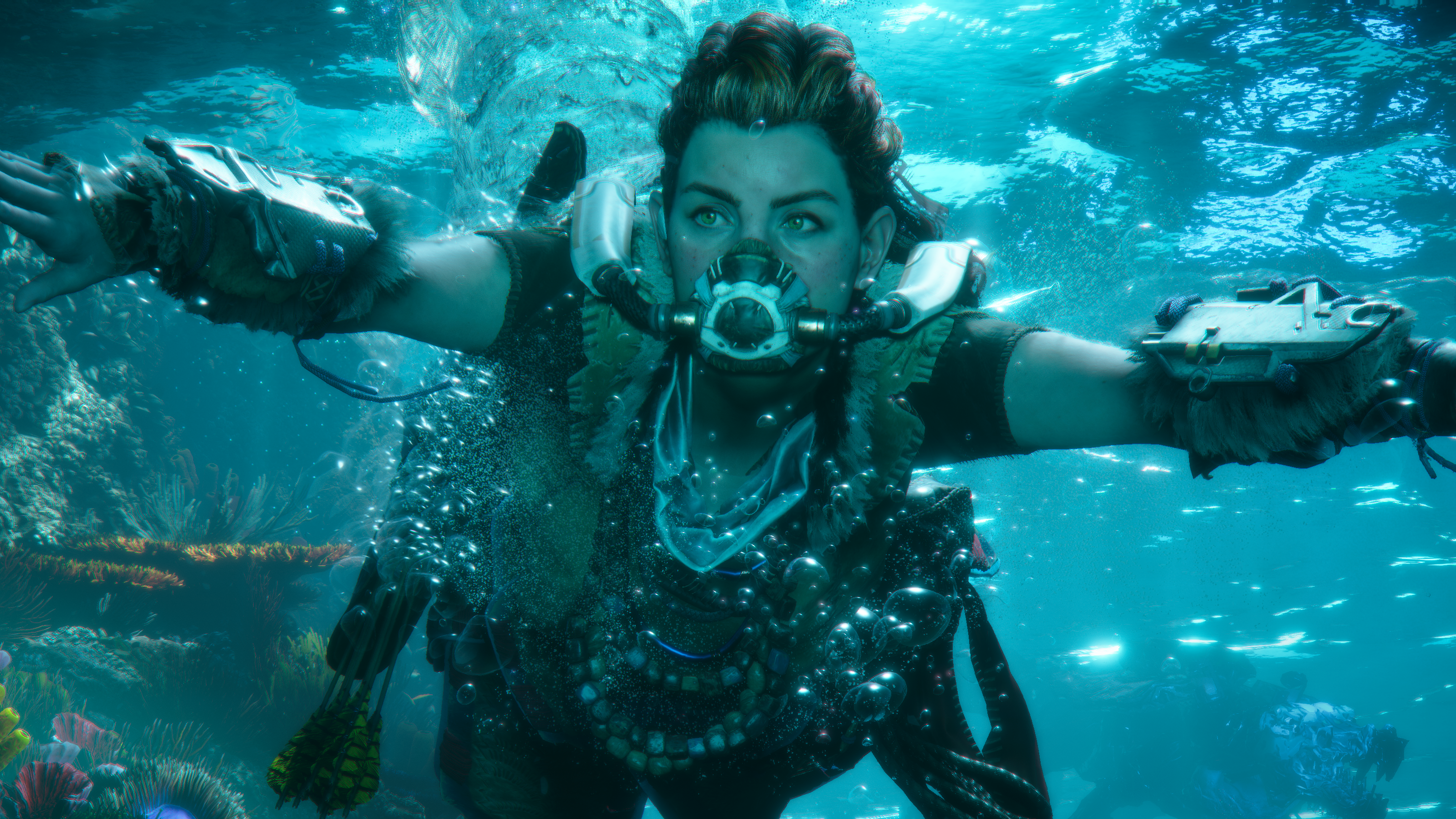 Still from the horizon forbidden west trailer showing Aloy underwater