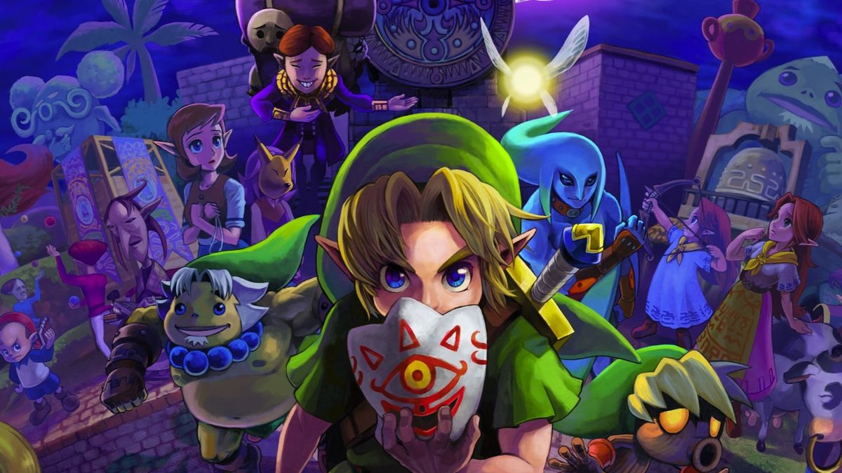 The cover art for Majora&#039;s Mask showing Link and various other characters from the game.