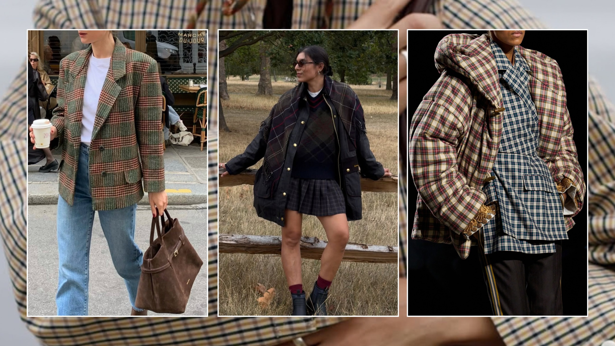 A selection of women wear various checked jackets both on the runway and on Instagram