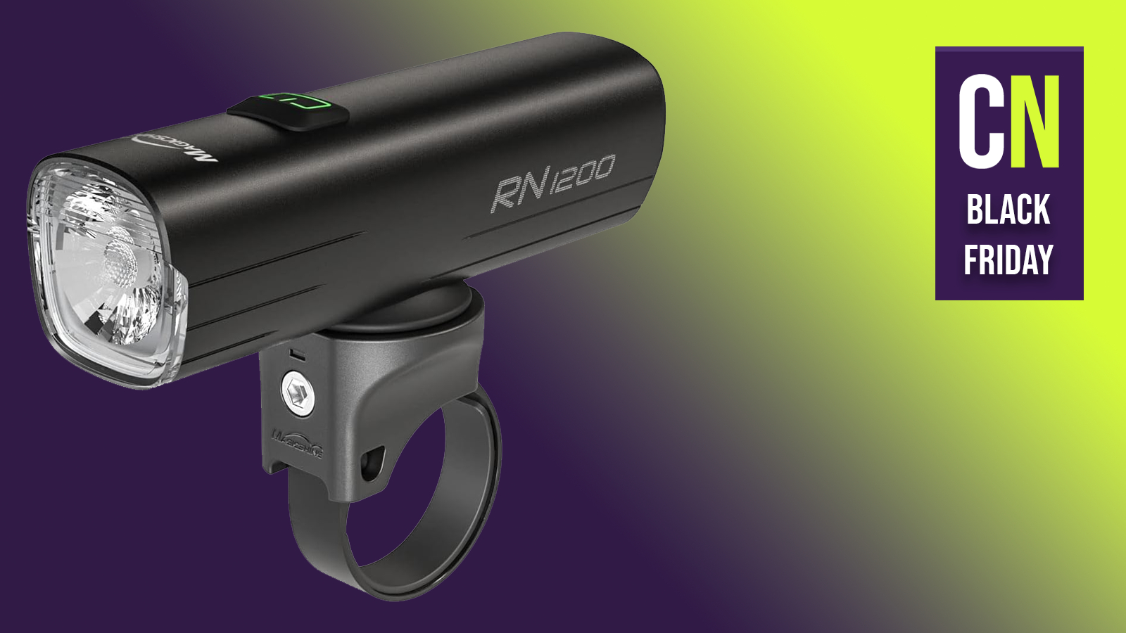 A Magicshine RN1200 from theBlack Friday sales on a Purple and Green cyclingnews background