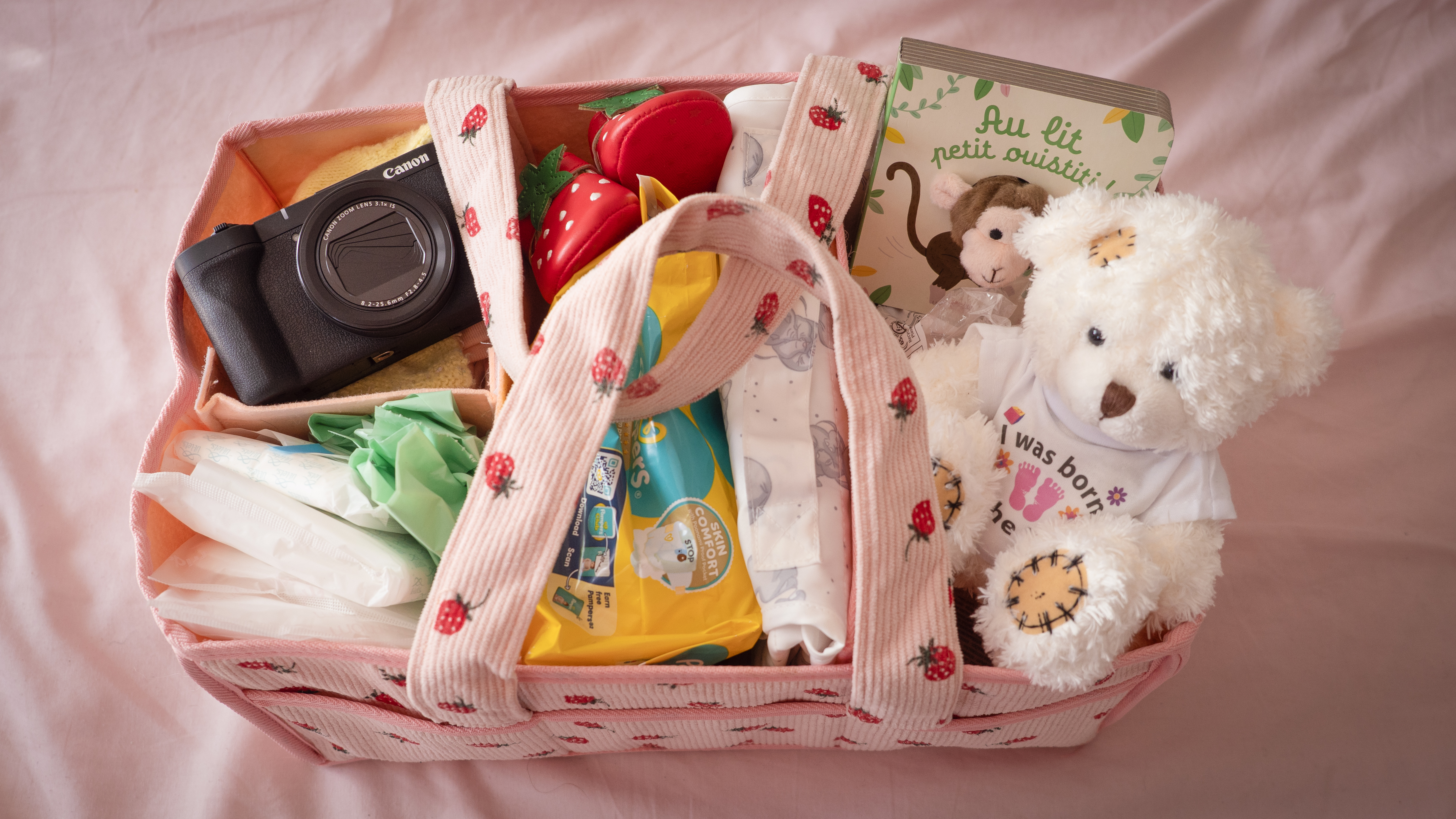 Canon PowerShot V1 in a baby changing hamper