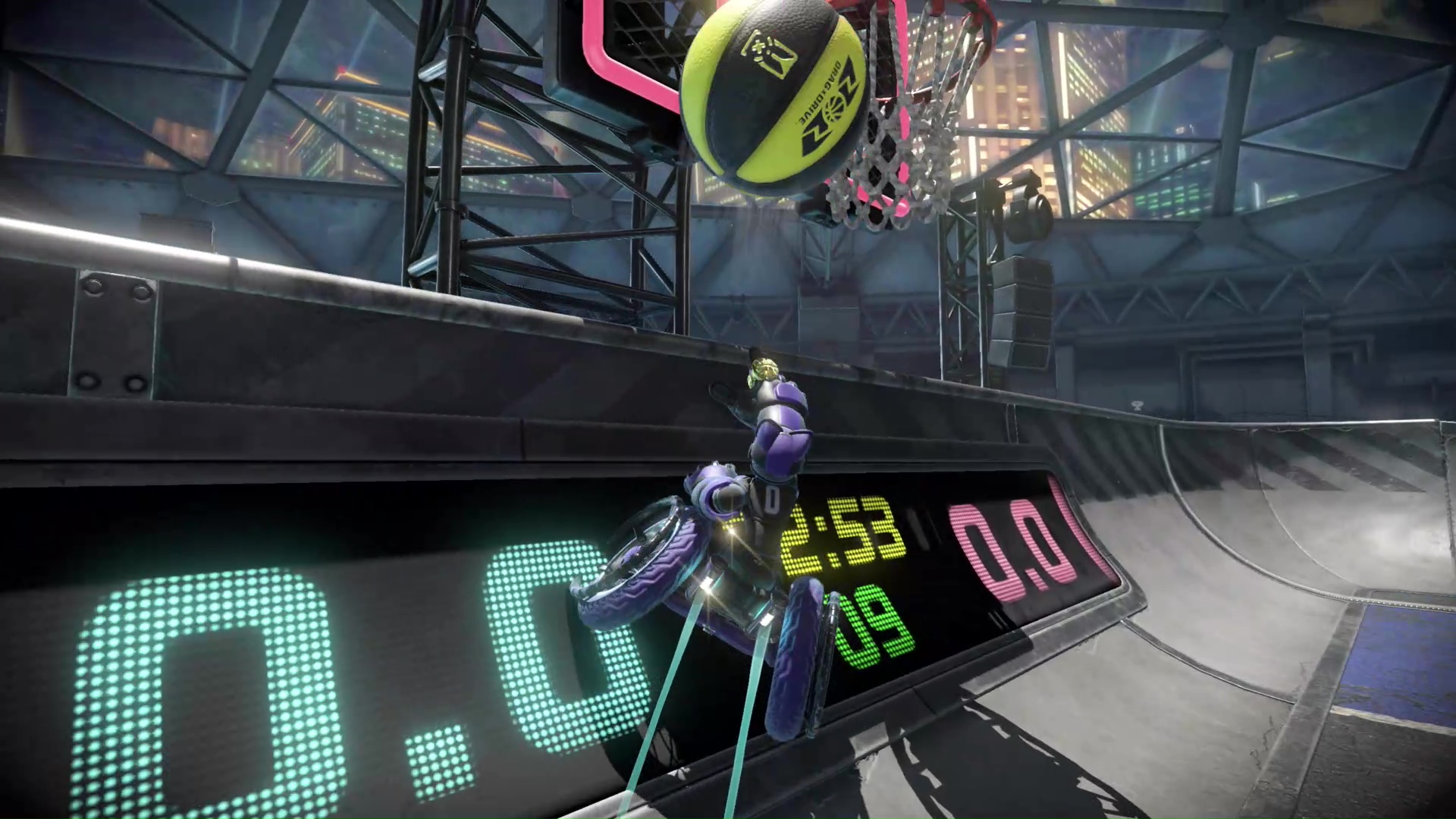 Riding up a half pipe to make a shot in Drag x Drive