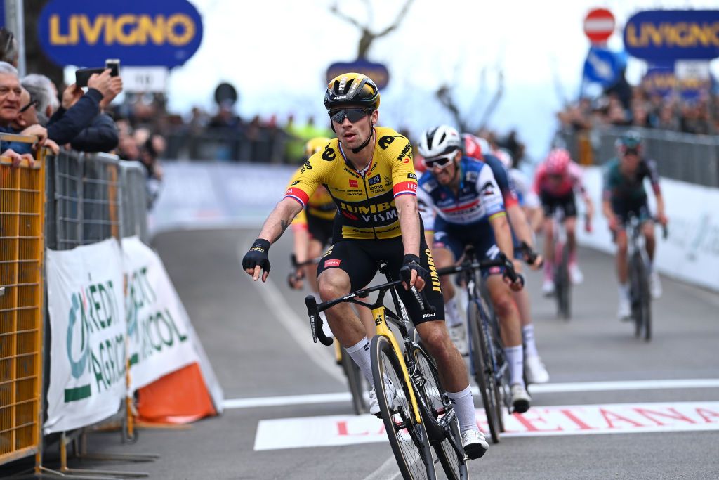 TORTORETO ITALY MARCH 09 Primoz Roglic of Slovenia and Team Jumbo Visma celebrates at finish line as stage winner during the 58th TirrenoAdriatico 2023 Stage 4 a 218km stage from Greccio to Tortoreto 229m UCIWT TirrenoAdriatico on March 09 2023 in Tortoreto Italy Photo by Tim de WaeleGetty Images