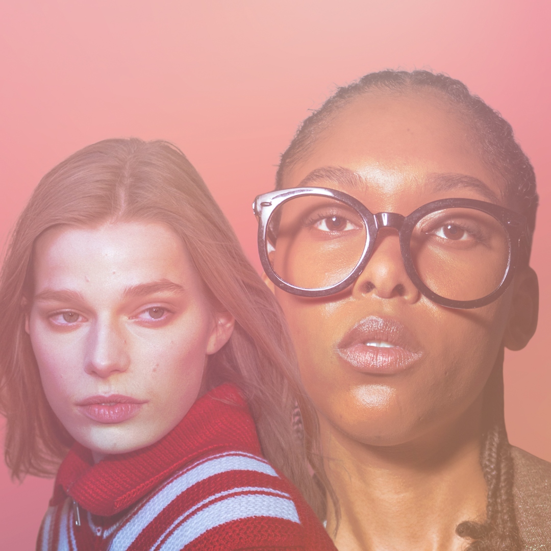 pink background with models on top 