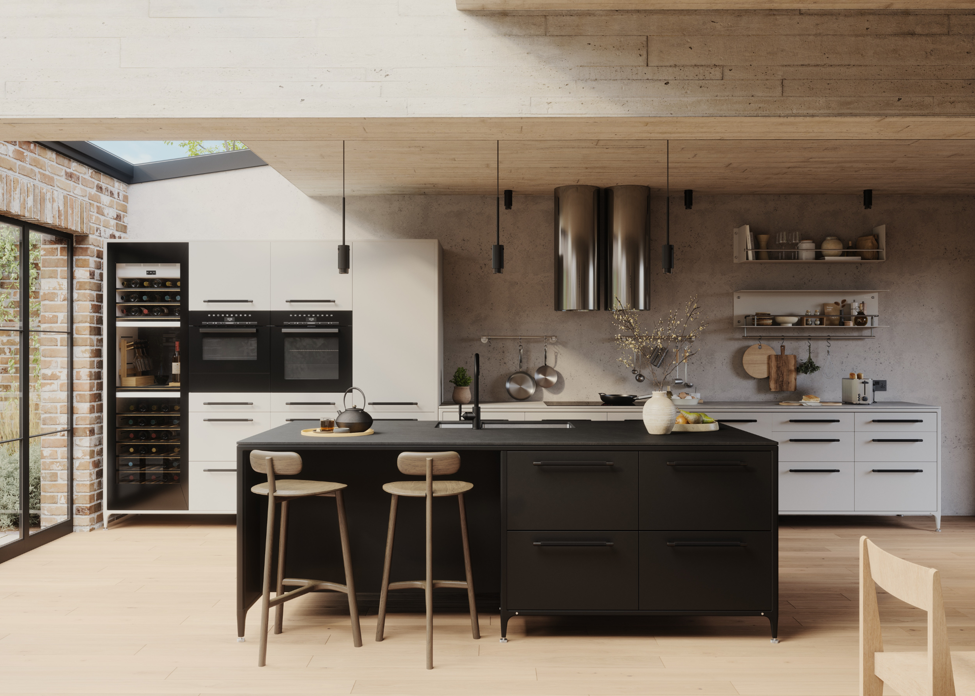 modern black and white kitchen in an industrial inspired space