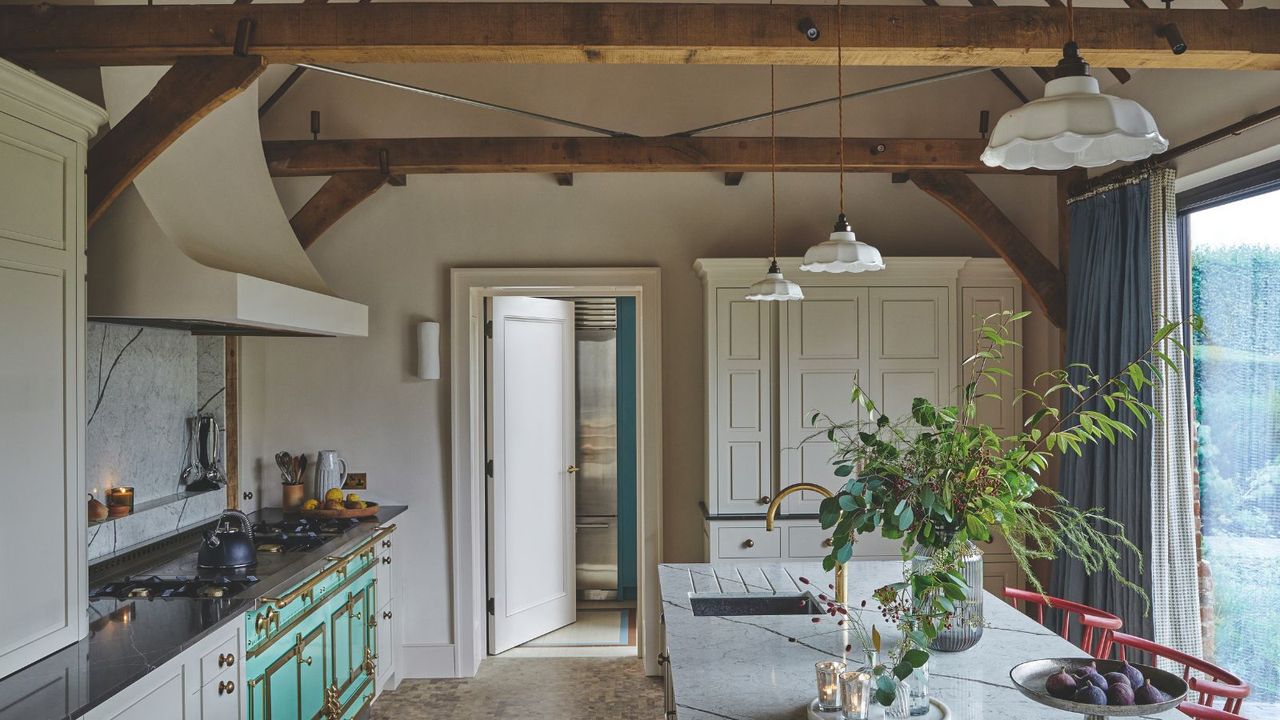 A modern fitted kitchen with an island, exposed beams under a pitched roof and large window. Plants and miscellaneous kitchen items are pictured on countertops, and a white cabinet and open door are pictured in background.