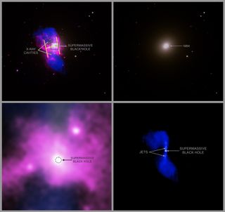 a galaxy with a massive jet of purple material shaped like the letter 'H'