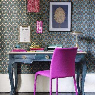 desk with pink chair and wallpaper wall