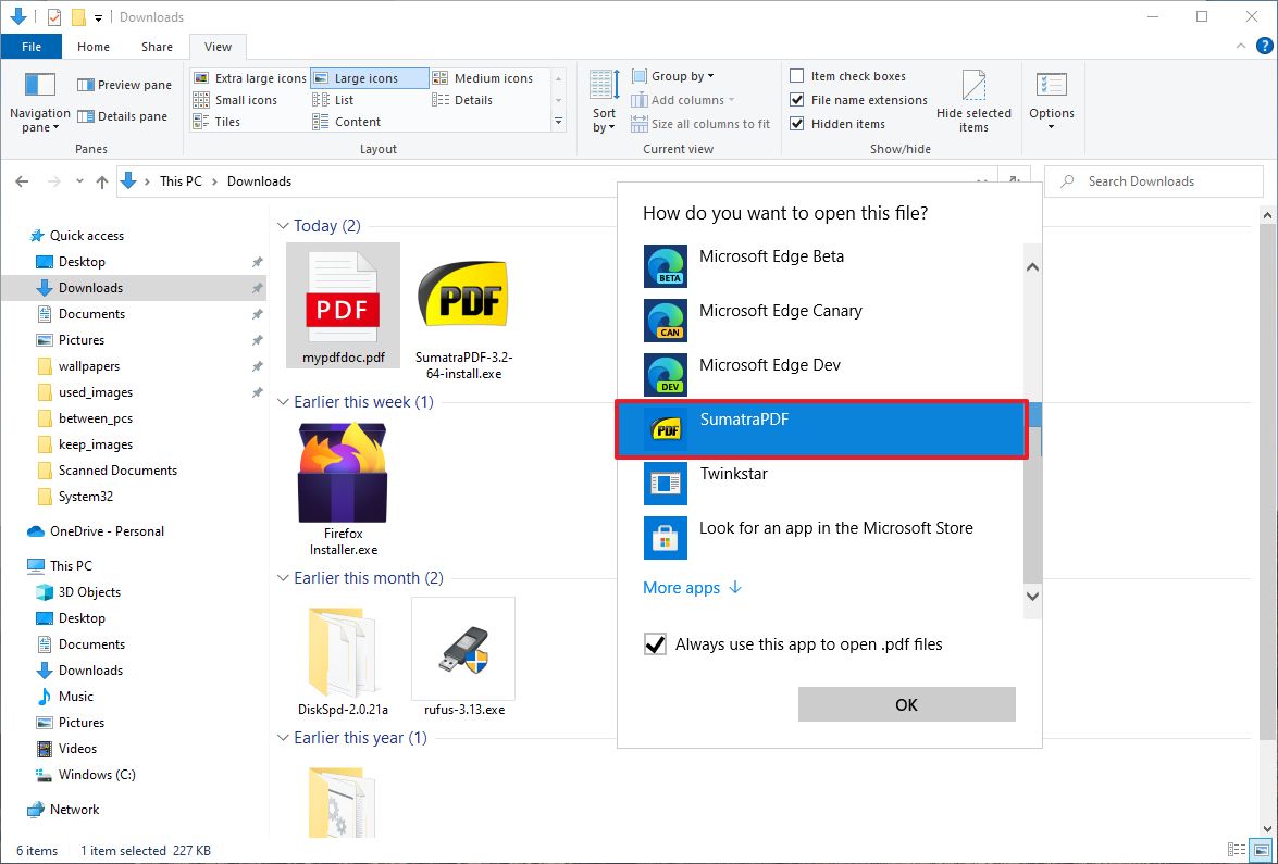 Change default PDF app from context menu